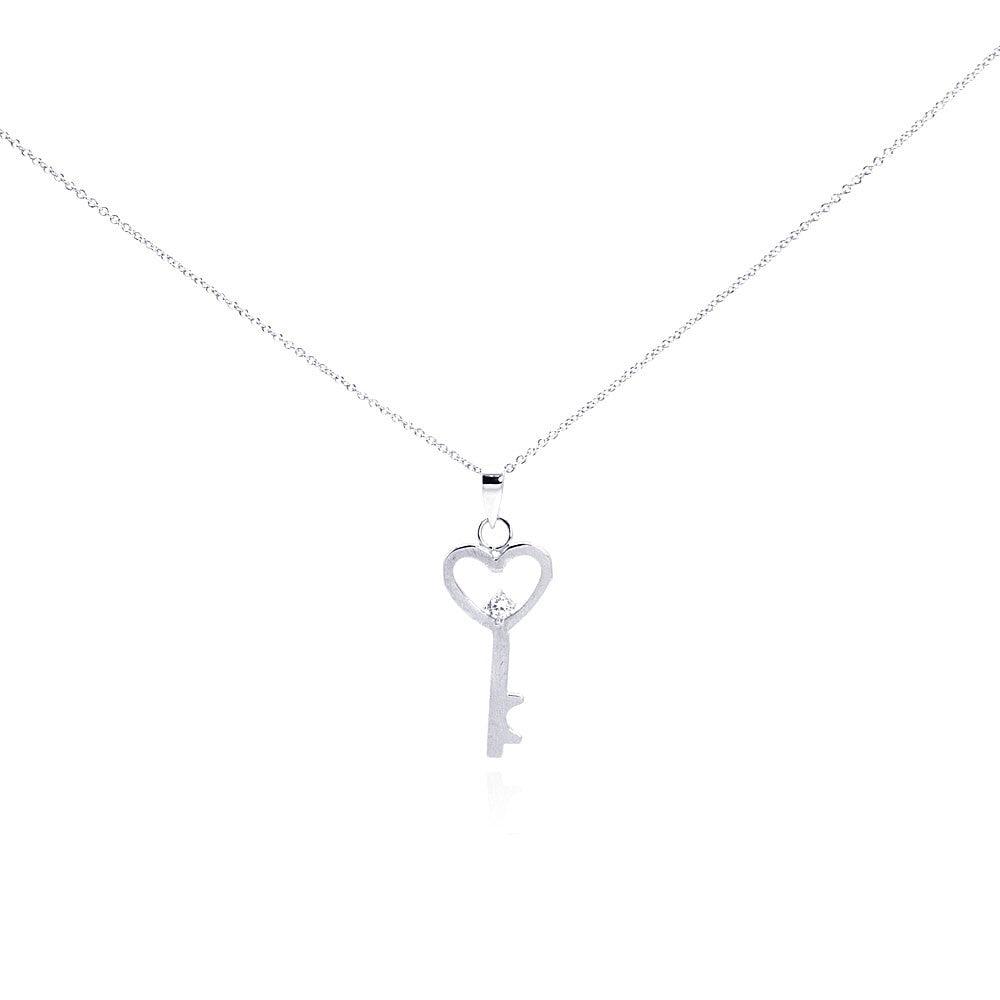 Silver 925 Rhodium Plated Clear CZ Heart Key Pendant Necklace - STP00944