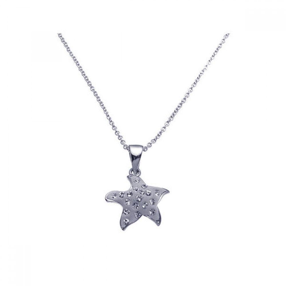 Silver 925 Rhodium Plated Clear CZ Starfish Pendant Necklace - STP00946