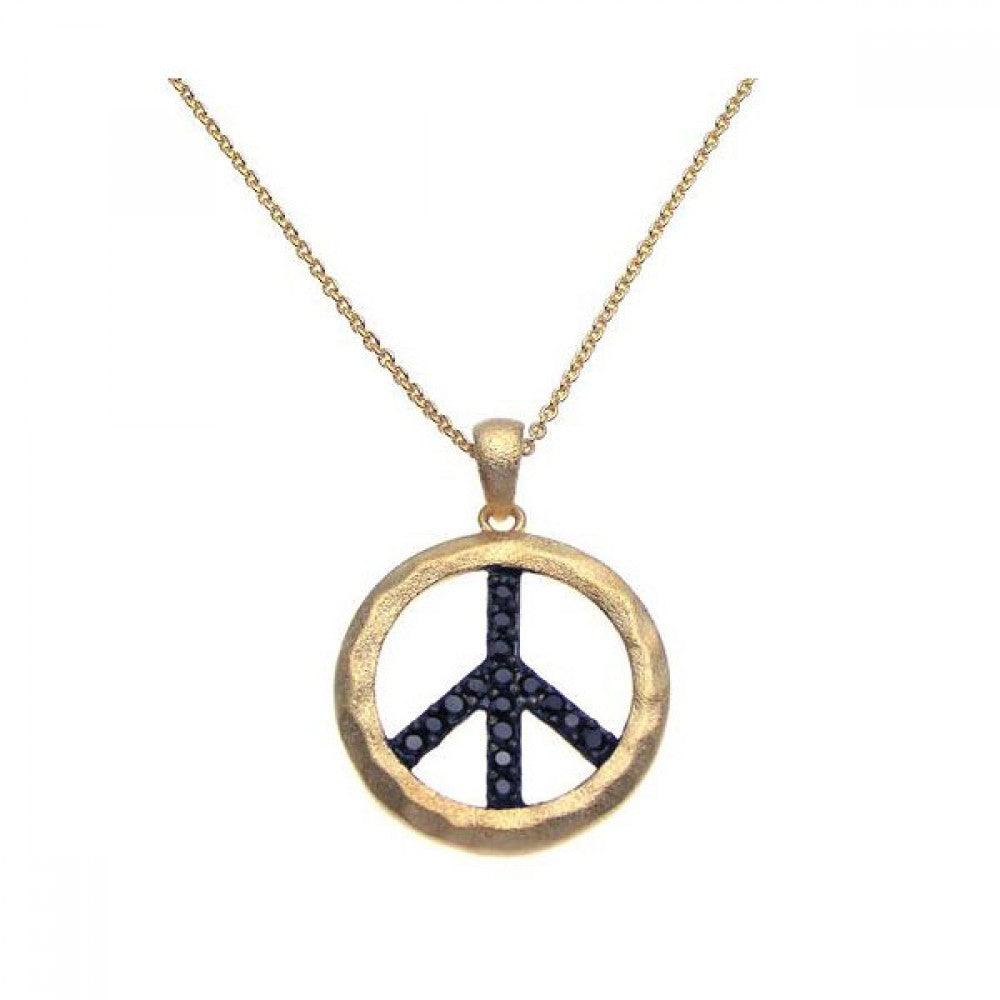 Closeout-Silver 925 Gold Plated Black CZ Peace Pendant Necklace - STP00947