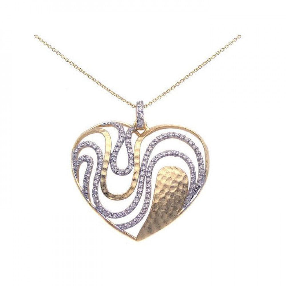 Closeout-Silver 925 Gold and Rhodium Plated Clear CZ Heart Pendant Necklace - STP00948