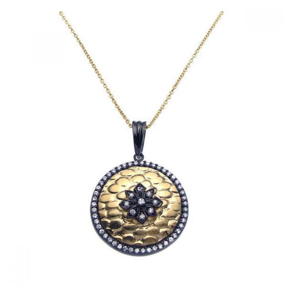 Closeout-Silver 925 Black Rhodium and Gold Plated Clear CZ Circle Round Pendant Necklace - STP00950