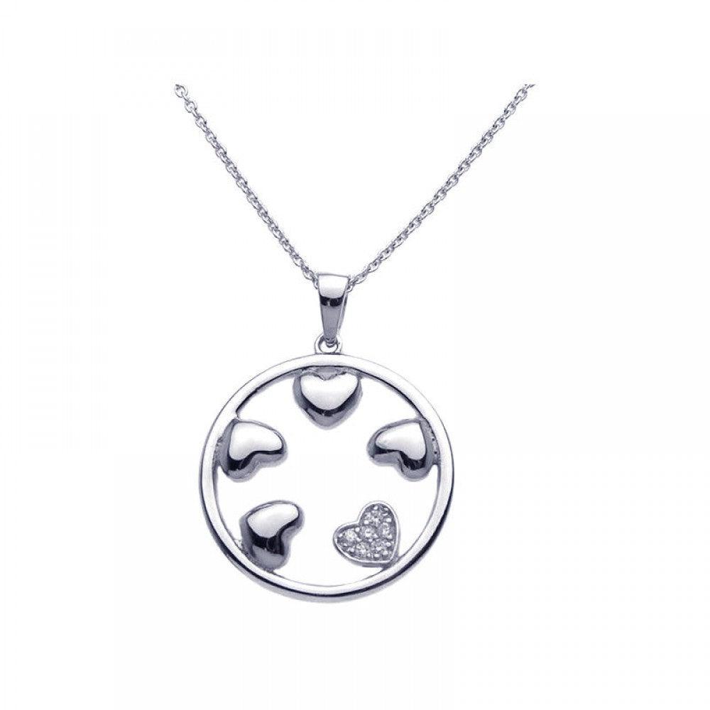 Closeout-Silver 925 Rhodium Plated Clear CZ Circle Hearts Pendant Necklace - STP00958