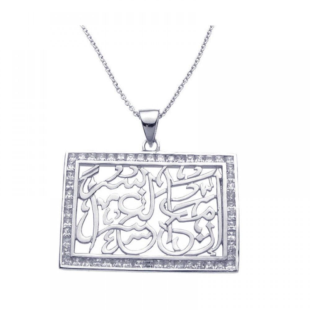 Closeout-Silver 925 Rhodium Plated Clear CZ Rectangle Pendant Necklace - STP00959