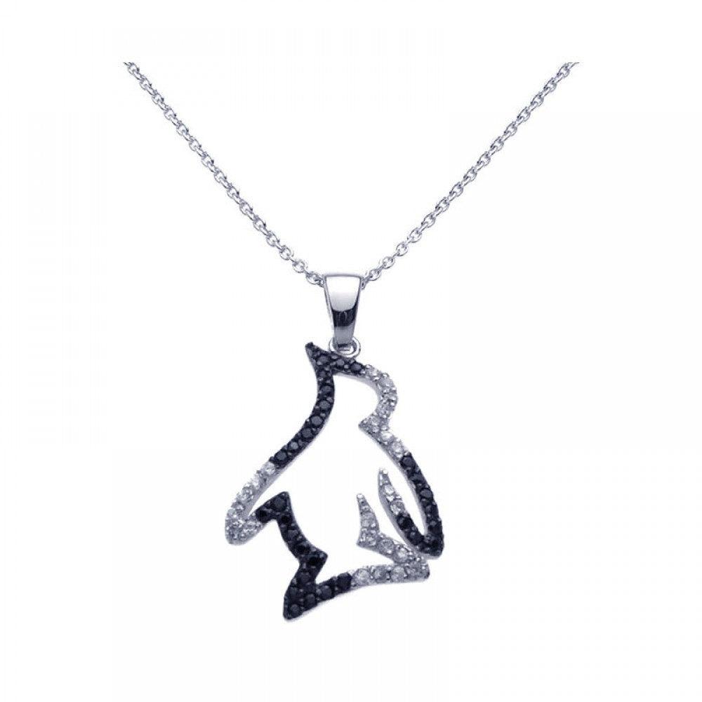 Silver 925 Black Rhodium and Rhodium Plated Clear CZ Penguin Pendant Necklace - STP00968