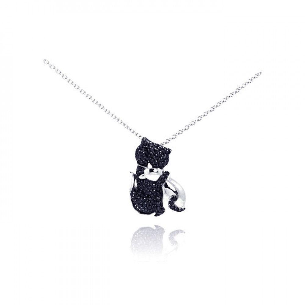 Silver 925 Rhodium Plated Clear CZ Black Kitty Pendant Necklace - STP00969