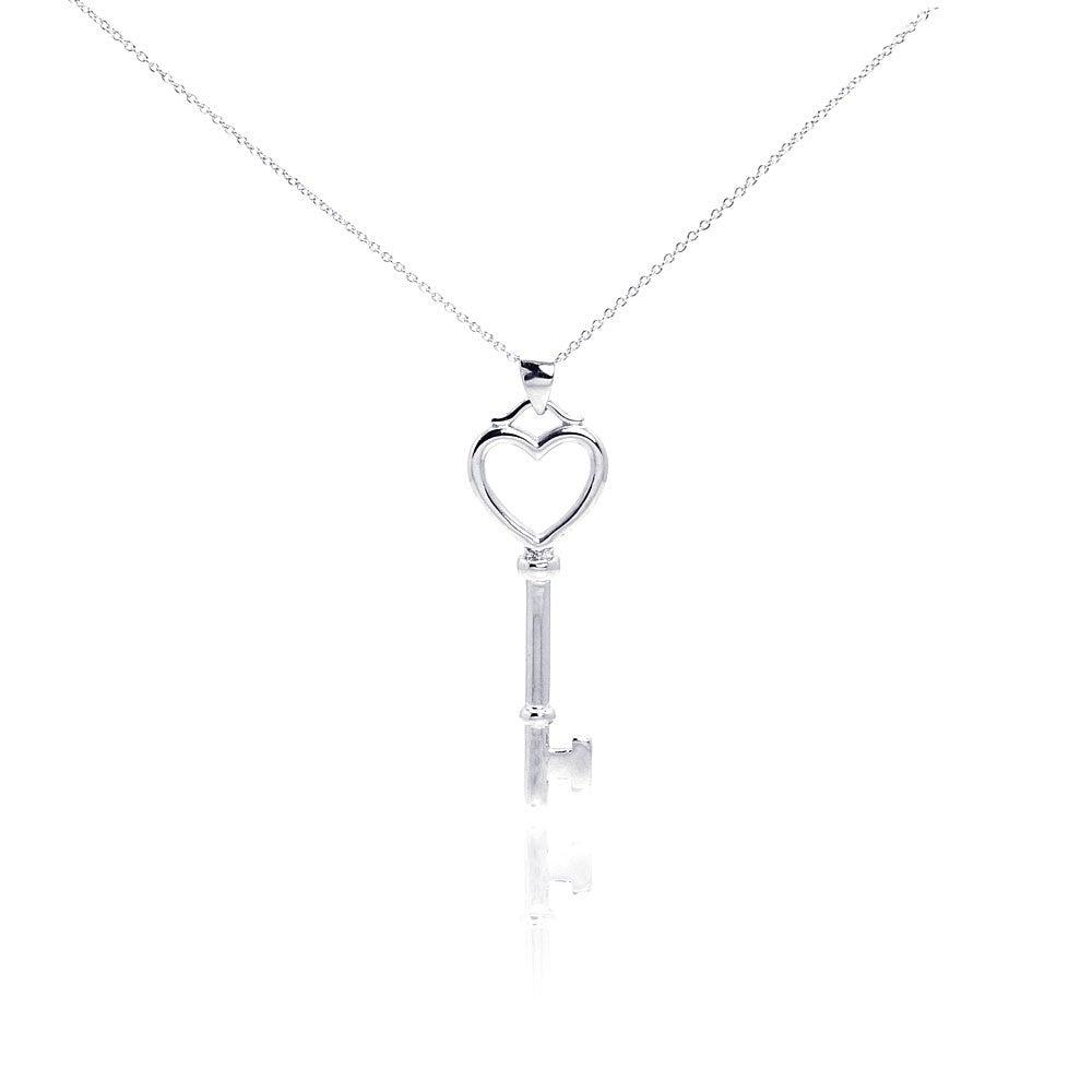 Silver 925 Rhodium Plated Clear CZ Heart Key Pendant Necklace - STP00979