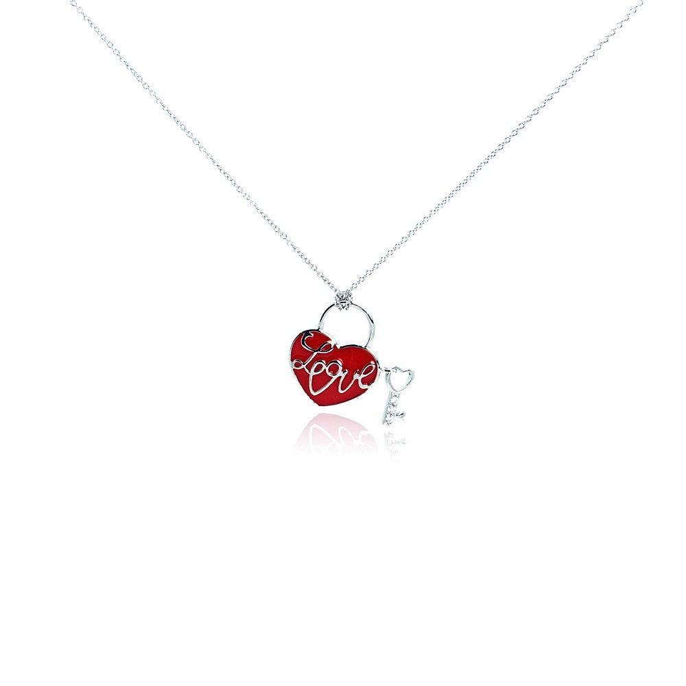 Closeout-Silver 925 Rhodium Plated Clear CZ Heart Key Love Pendant Necklace - STP00982