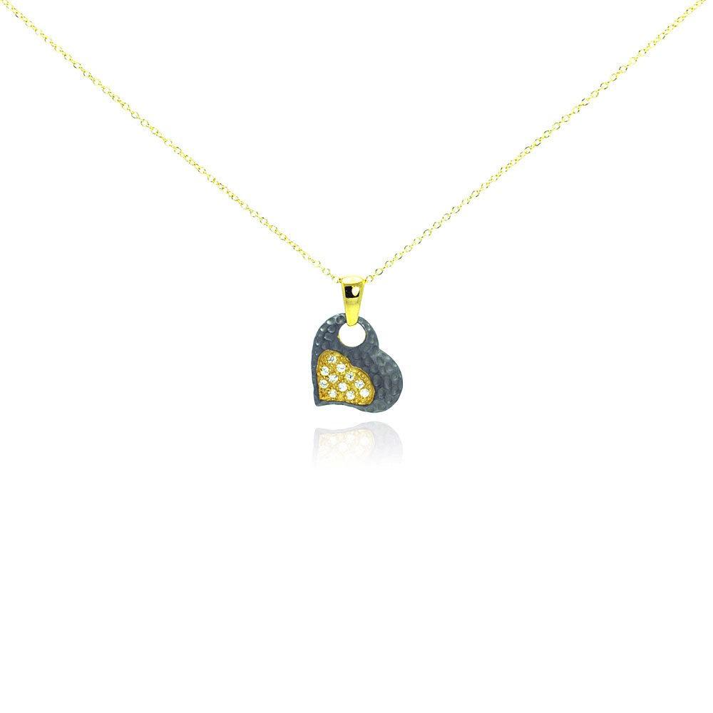 Closeout-Silver 925 Gold Plated and Matte Black Rhodium Finish Clear CZ Heart Pendant Necklace - STP00984