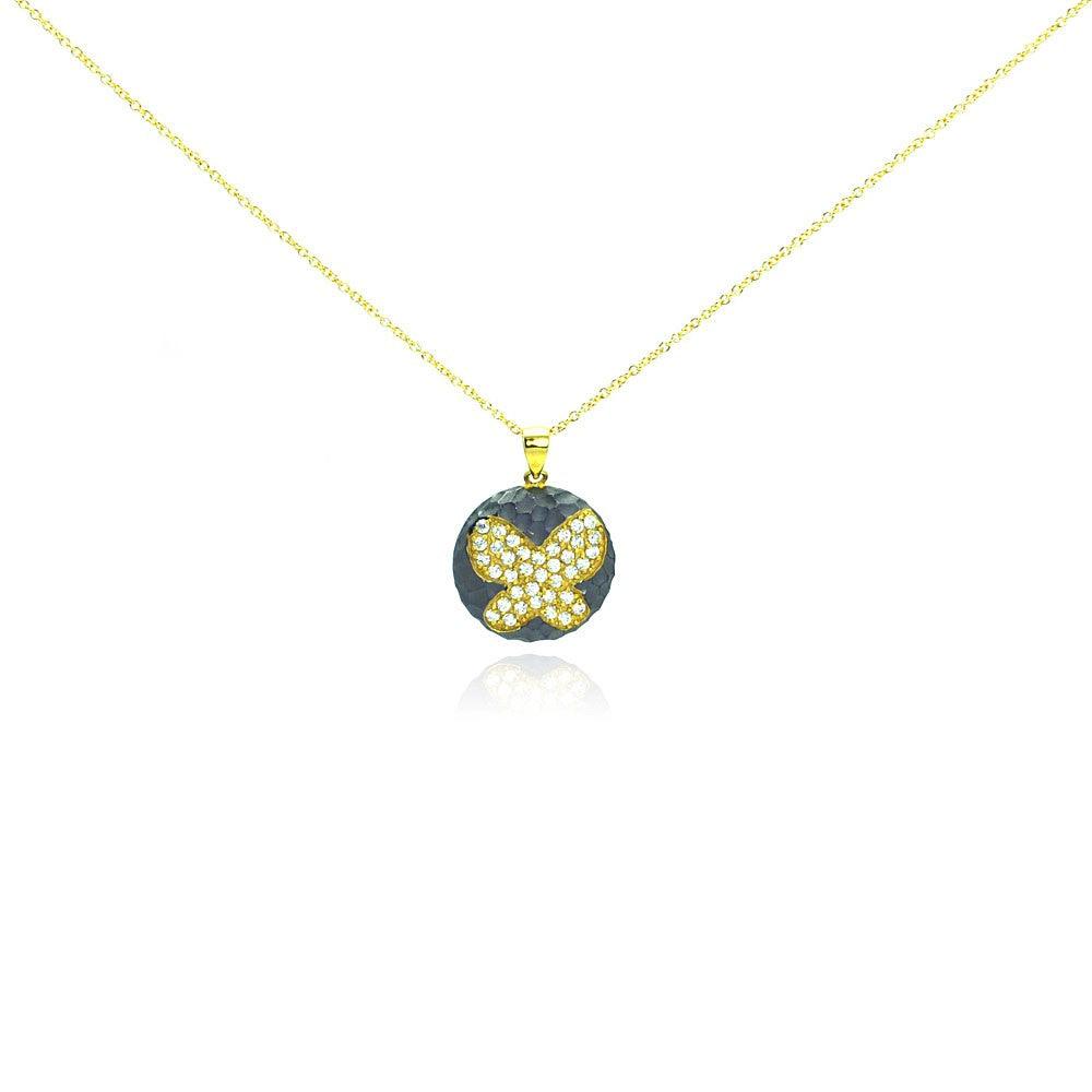 Closeout-Silver 925 Gold Plated and Matte Black Rhodium Finish Butterfly Clear CZ Round Pendant Necklace - STP00986