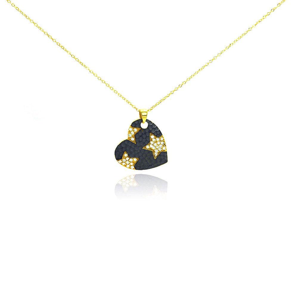 Closeout-Silver 925 Gold Plated and Matte Black Rhodium Finish Clear CZ Star Heart Pendant Necklace - STP00987