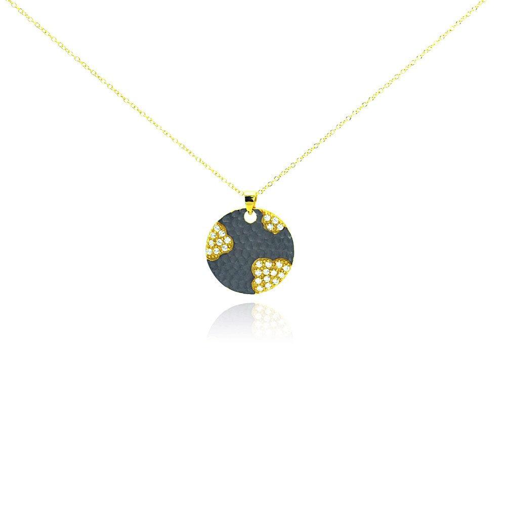 Closeout-Silver 925 Gold Plated and Matte Black Rhodium Finish Clear CZ Round Pendant Necklace - STP00988