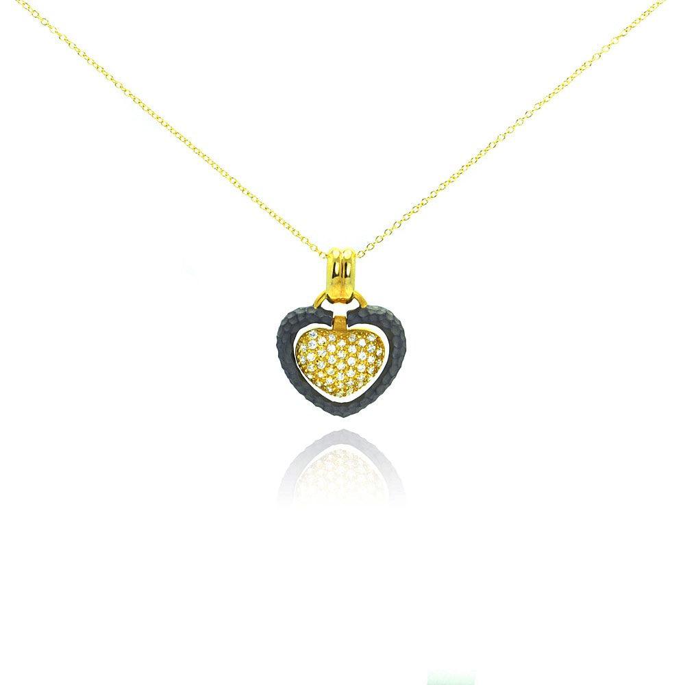 Closeout-Silver 925 Gold Plated and Matte Black Rhodium Finish Clear CZ Heart Pendant Necklace - STP00989