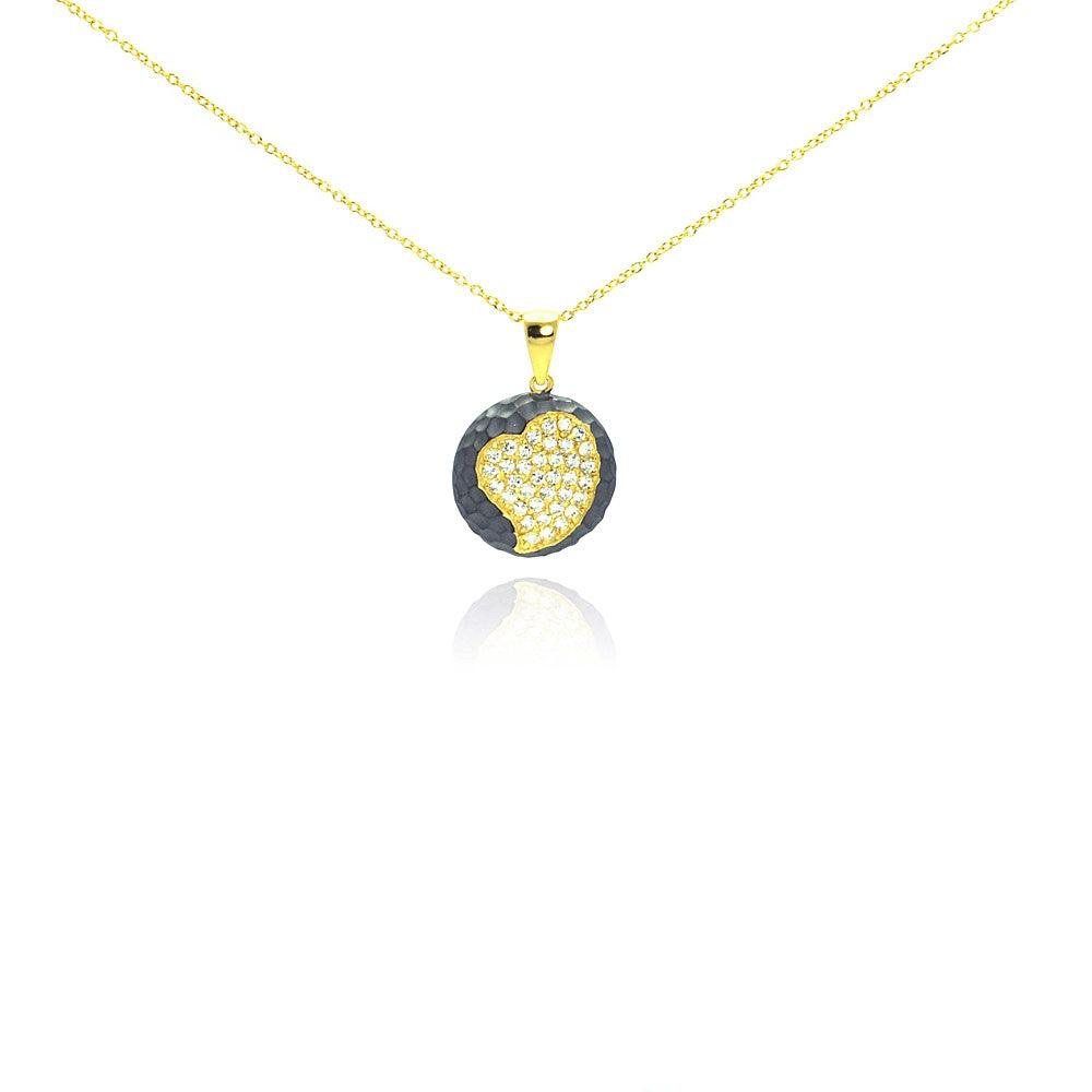 Closeout-Silver 925 Gold Plated and Matte Black Rhodium Finish Heart Clear CZ Hammered Round Onyx Pendant Necklace - STP00990