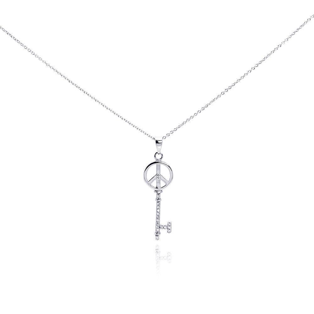 Silver 925 Rhodium Plated Clear CZ Peace Key Pendant Necklace - STP00991