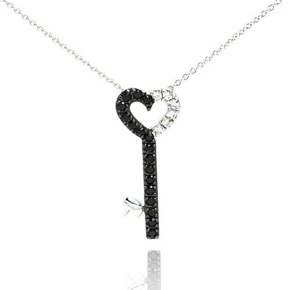 Silver 925 Rhodium and Black Rhodium Plated Clear and Black CZ Key Pendant Necklace - STP00992