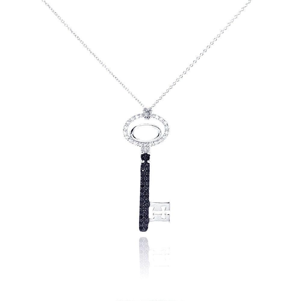 Closeout-Silver 925 Rhodium and Black Rhodium Plated Clear and Black CZ Key Pendant Necklace - STP00995