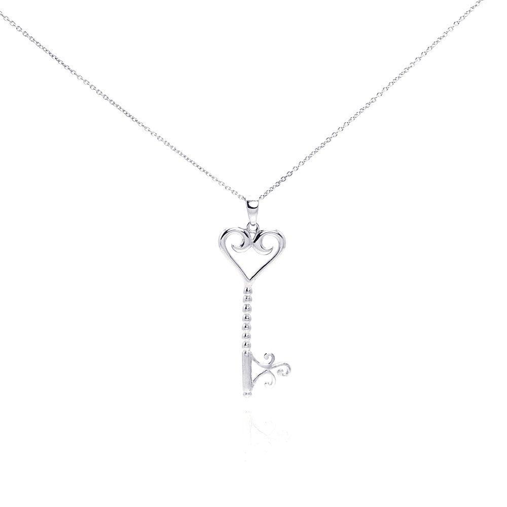 Silver 925 Rhodium Plated Clear CZ Key Heart Pendant Necklace - STP00996