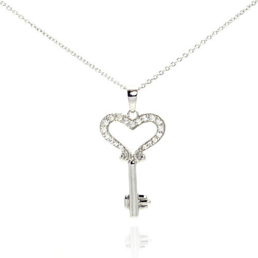 Silver 925 Black Rhodium Plated Clear CZ Key Heart Pendant Necklace - STP00997