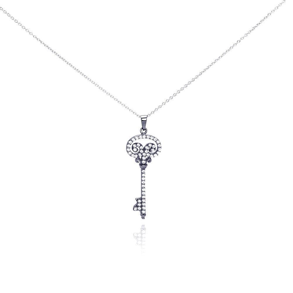 Silver 925 Black Rhodium Plated Clear CZ Key Pendant Necklace - STP00998