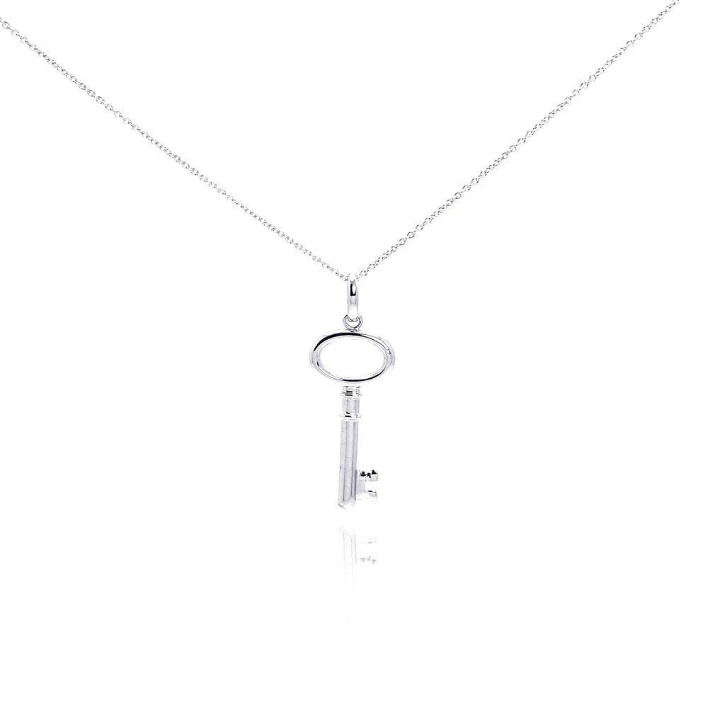 Silver 925 Rhodium Plated Clear CZ Key Pendant Necklace - STP01002