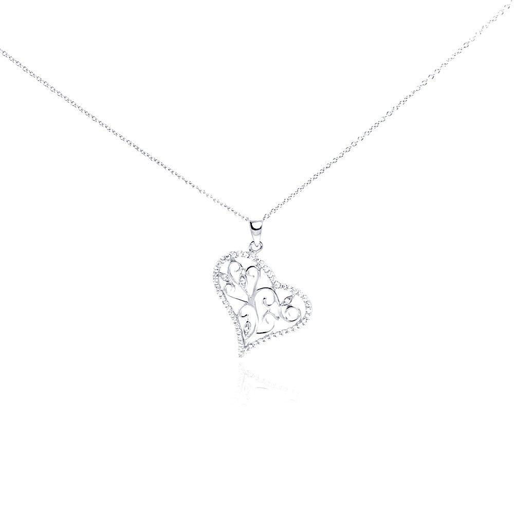 Silver 925 Rhodium Plated Clear CZ Heart Pendant Necklace - STP01006