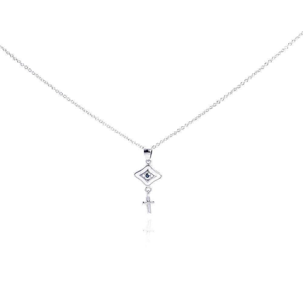 Silver 925 Rhodium Plated Clear CZ Cross Evil Eye Pendant Necklace - STP01010