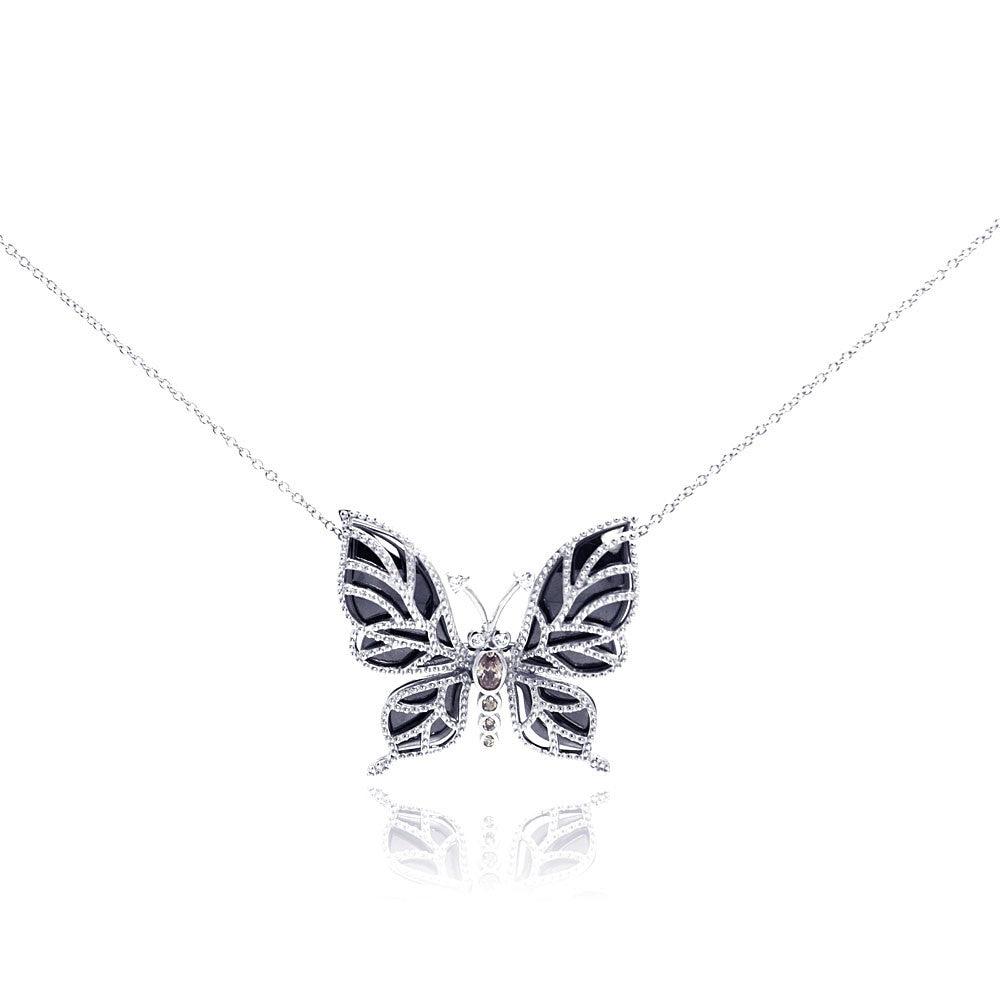 Silver 925 Rhodium Plated Clear CZ Butterfly Onyx Pendant Necklace - STP001016