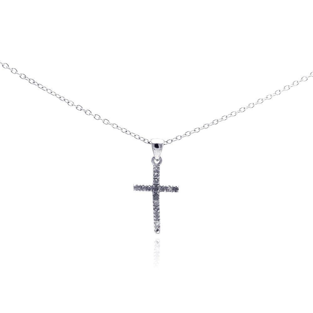 Silver 925 Rhodium Plated Clear Diamond Cross Pendant Necklace - STP01026