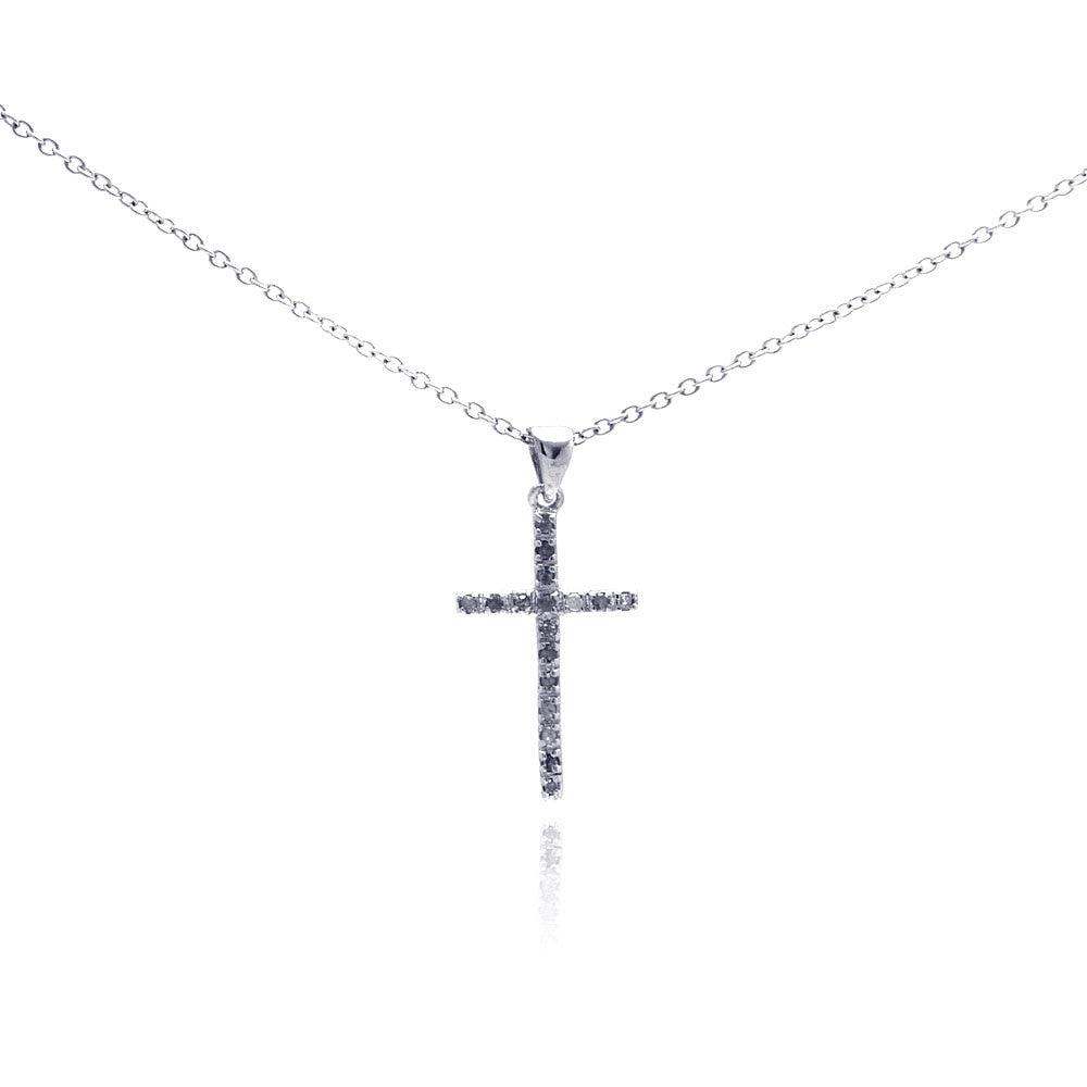 Silver 925 Rhodium Plated Clear Diamond Cross Pendant Necklace - STP01027