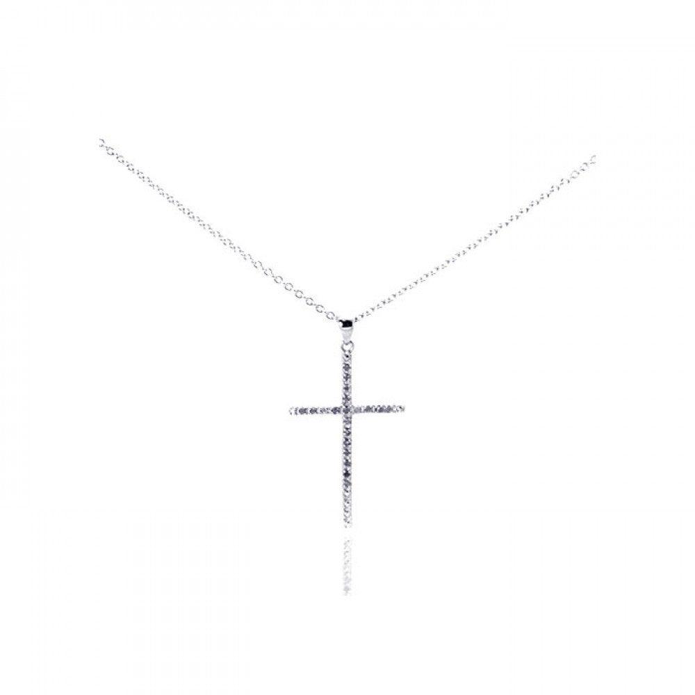 Silver 925 Rhodium Plated Clear Diamond This Cross Pendant Necklace - STP01028