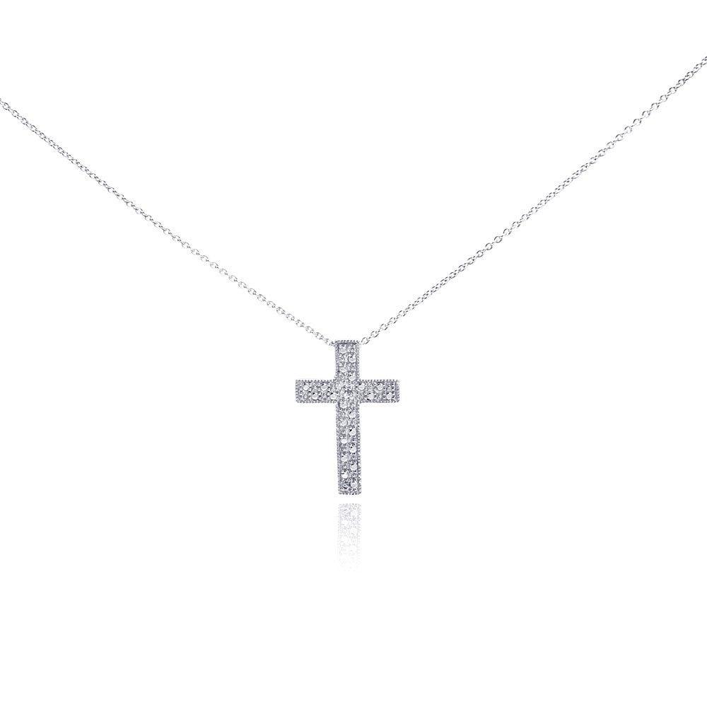 Silver 925 Rhodium Plated Clear Diamond Cross Pendant Necklace - STP01030