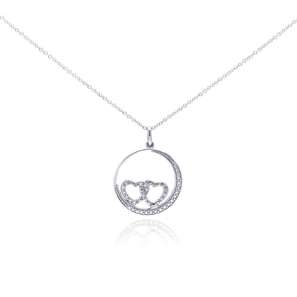 Silver 925 Rhodium Plated Clear Diamond Double Heart Circle Pendant Necklace - STP01034