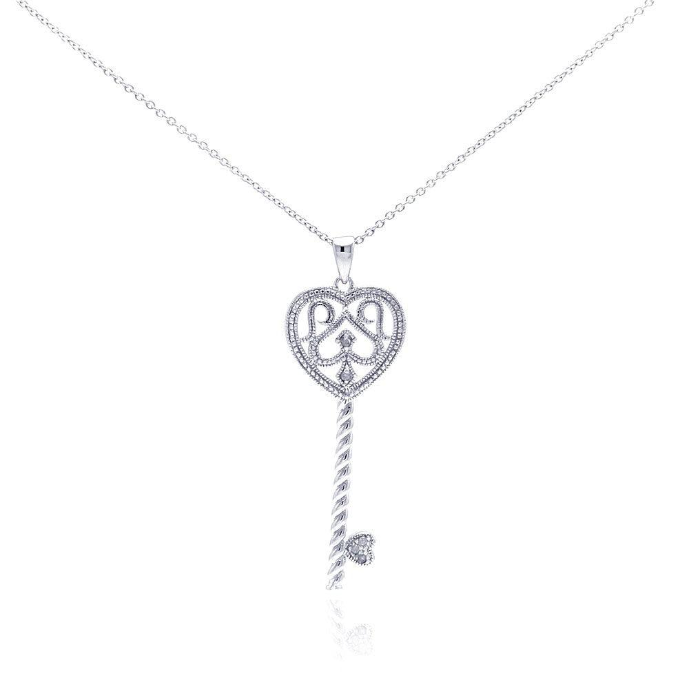 Silver 925 Rhodium Plated Clear Diamond Key Pendant Necklace - STP01041