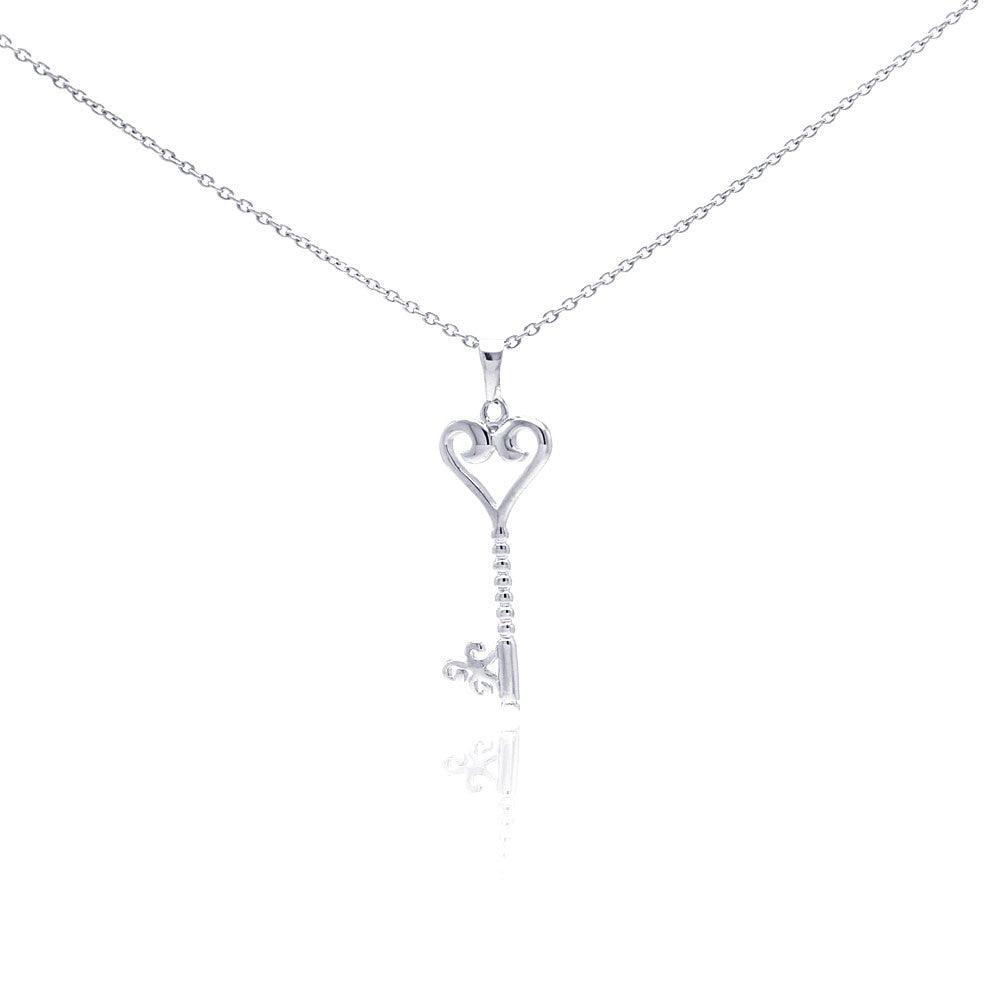 Silver 925 Rhodium Plated Clear CZ Key Heart Pendant Necklace - STP01045