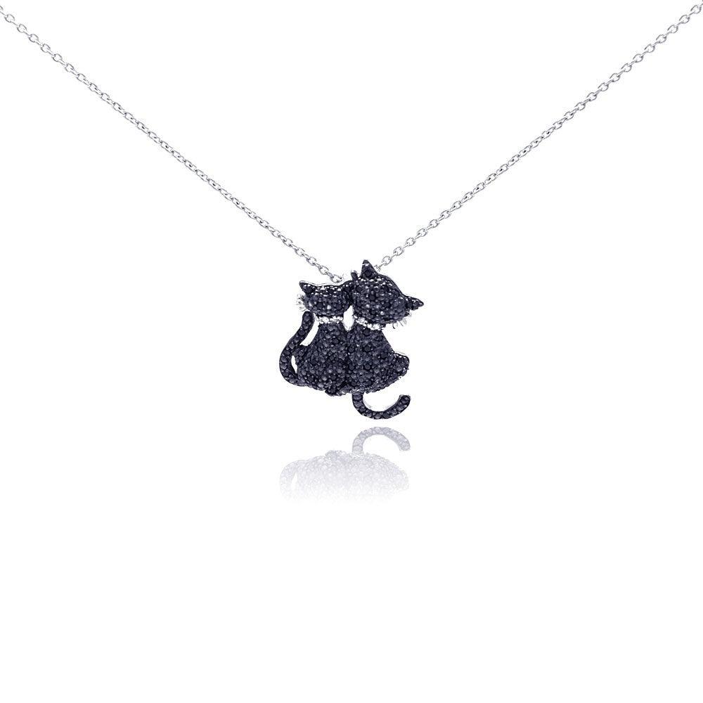 Silver 925 Black Rhodium Plated Black CZ Kitty Pendant Necklace - STP01048