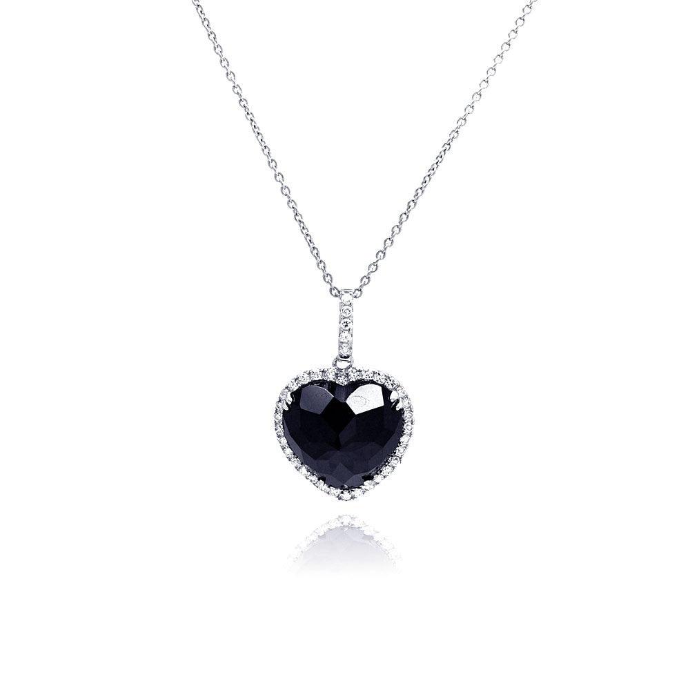 Closeout-Silver 925 Rhodium Plated Clear CZ Black Onyx Heart Pendant Necklace - STP01051