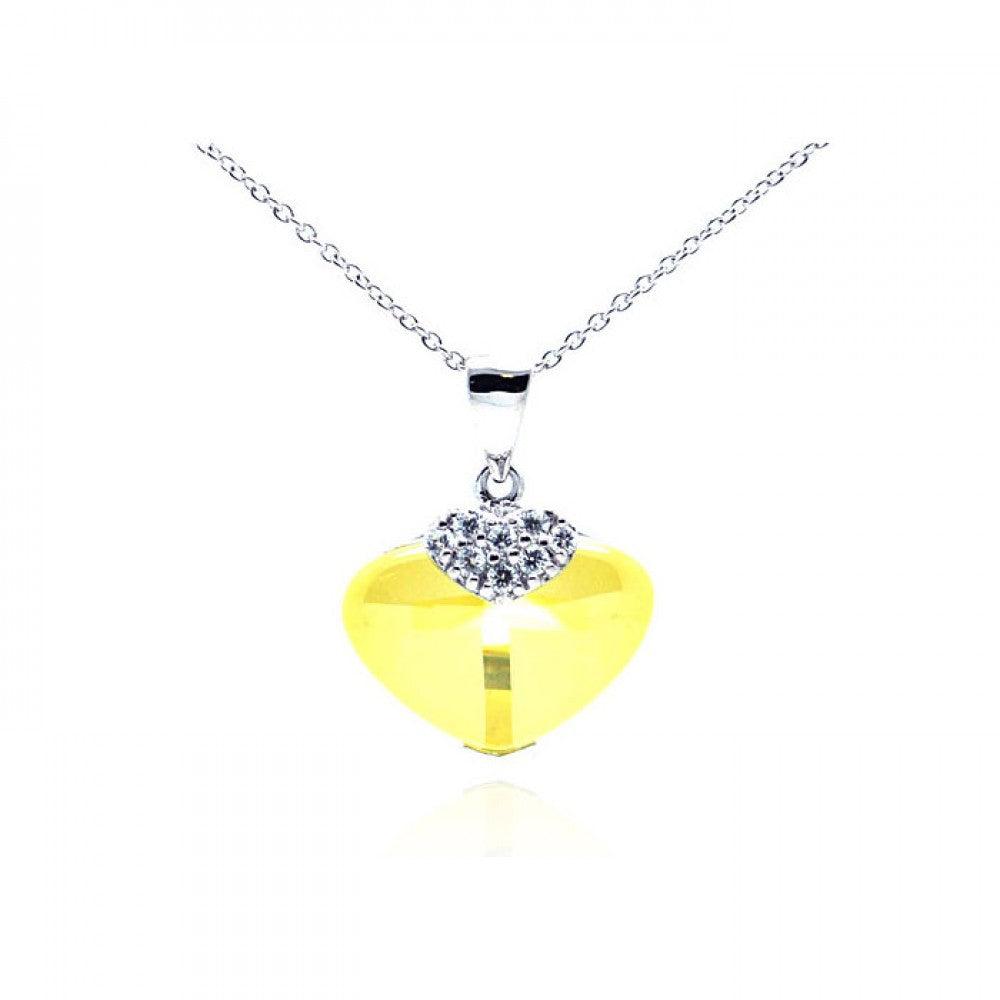 Closeout-Silver 925 Rhodium Plated Yellow CZ Heart Pendant Necklace - STP01064YLW