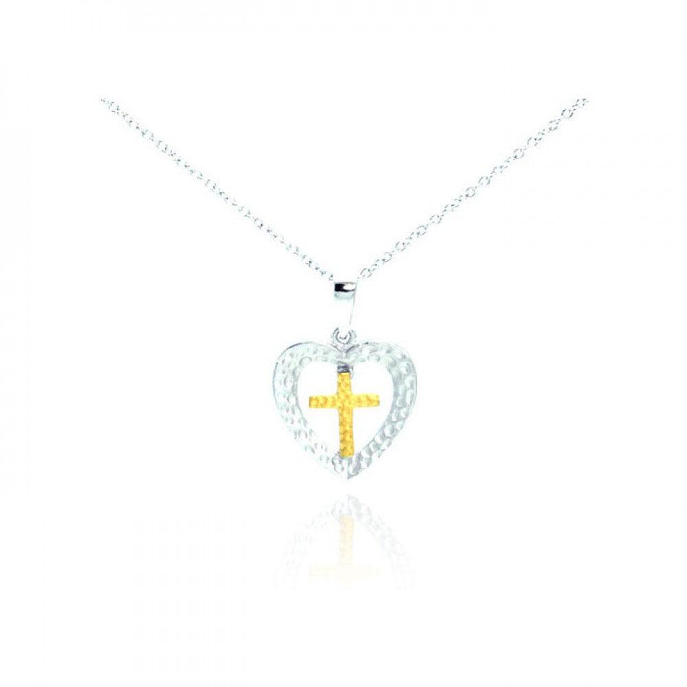 Closeout-Silver 925 Rhodium and Gold Plated Clear CZ Cross Heart Pendant Necklace - STP01066