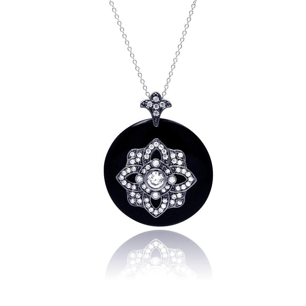 Closeout-Silver 925 Black Rhodium Plated Clear CZ Black Synthetic Pendant Necklace - STP01127BLK