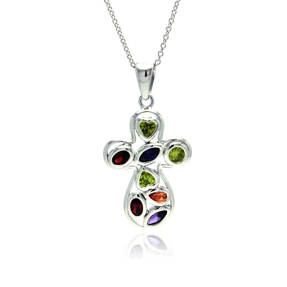 Silver 925 Rhodium Plated Colorful CZ Round Cross Pendant Necklace - STP01139