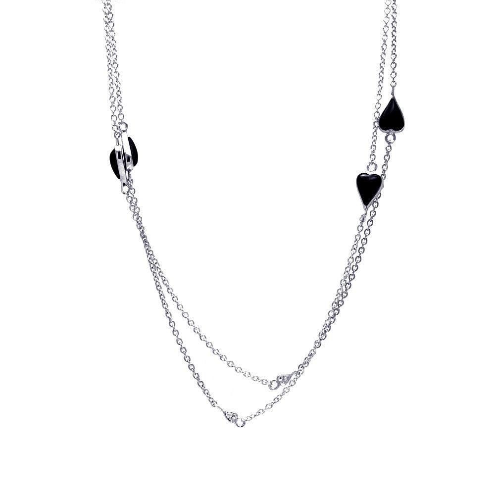 Silver 925 Rhodium Plated Black Hearts Pendant Necklace - STP01146