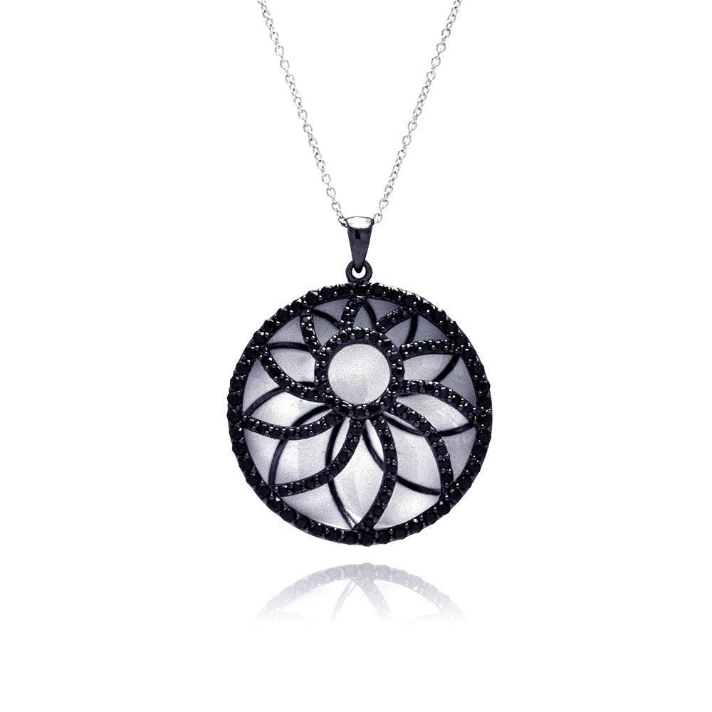 Closeout-Silver 925 Black Rhodium Plated Flower Pendant Necklace - STP01150