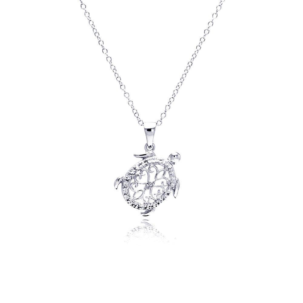 Silver 925 Rhodium Plated Clear Diamond Turtle Pendant Necklace - STP01307