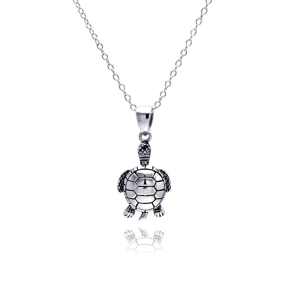 Silver 925 Rhodium Plated Clear CZ Turtle Pendant Necklace - STP01310