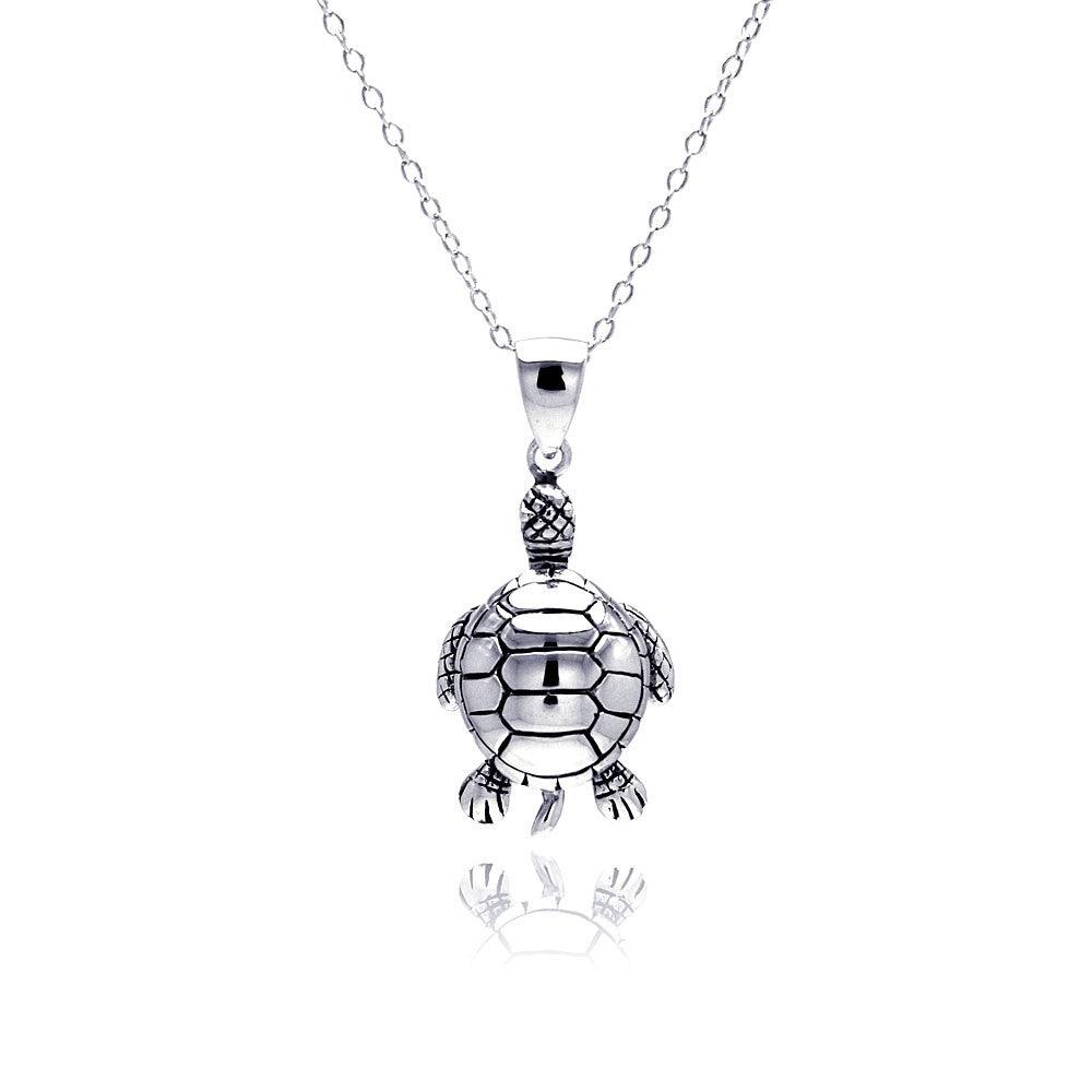 Silver 925 Rhodium Plated Clear CZ Turtle Pendant Necklace - STP01311