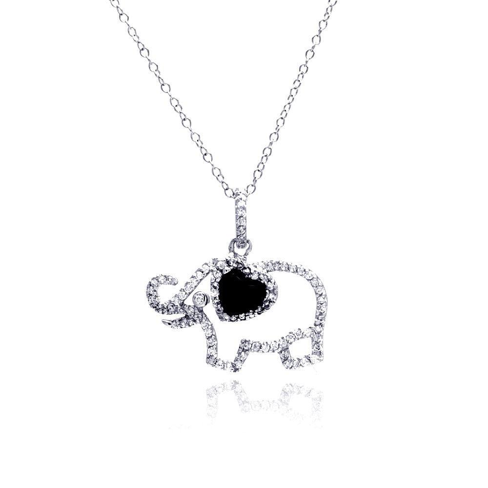 Silver 925 Rhodium Plated Clear CZ Elephant Pendant Necklace - STP01312