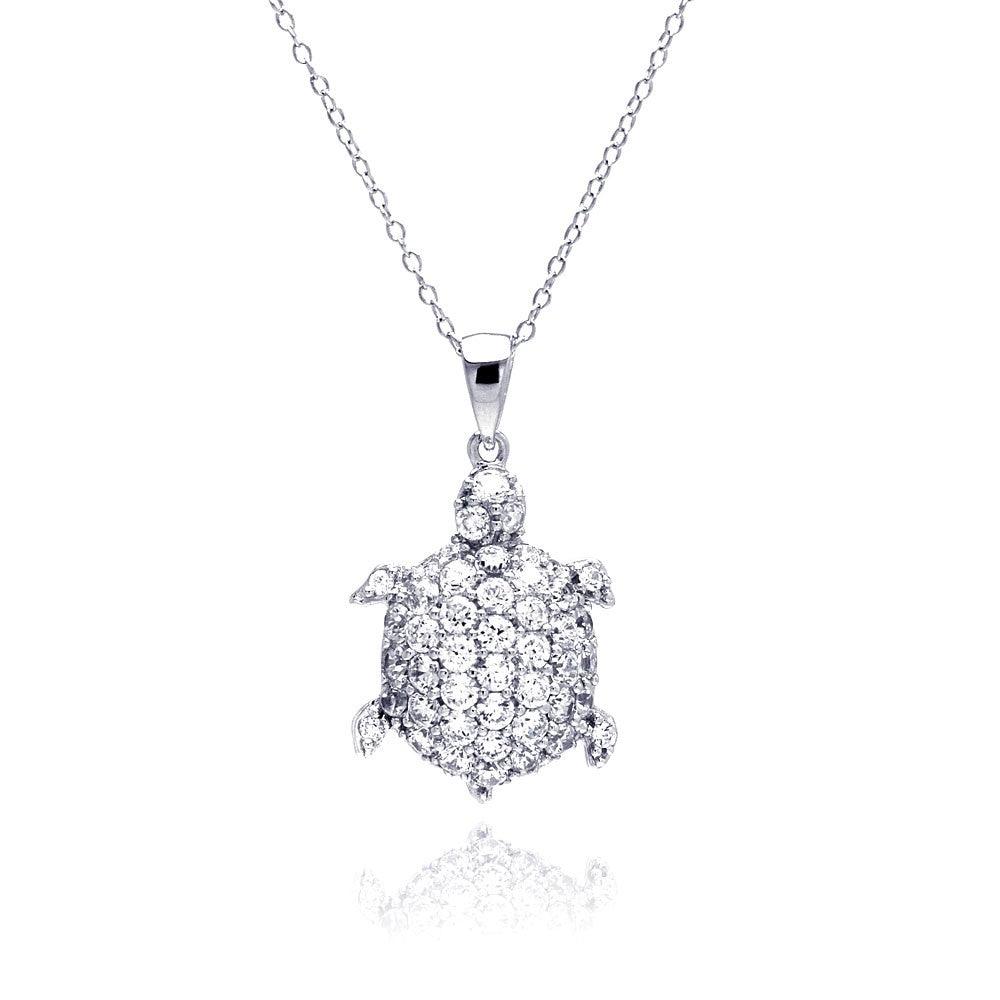 Silver 925 Rhodium Plated Clear CZ Turtle Pendant Necklace - STP01314