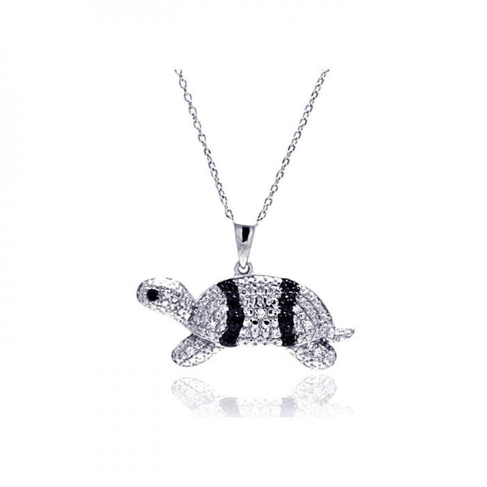 Silver 925 Rhodium Plated Clear CZ Turtle Pendant Necklace - STP01317