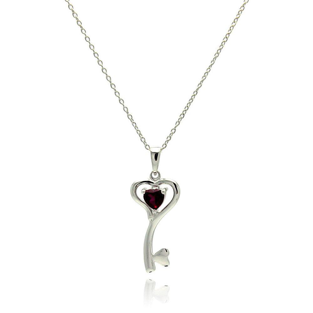 Silver 925 Rhodium Plated Clear CZ Heart Key Pendant Necklace - STP01327