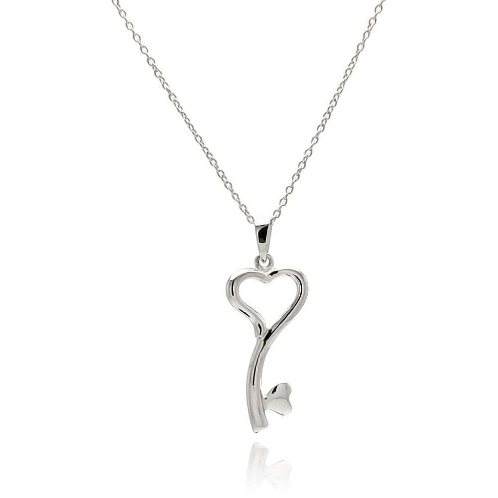 Silver 925 Rhodium Plated Clear CZ Heart Key Pendant Necklace - STP01328